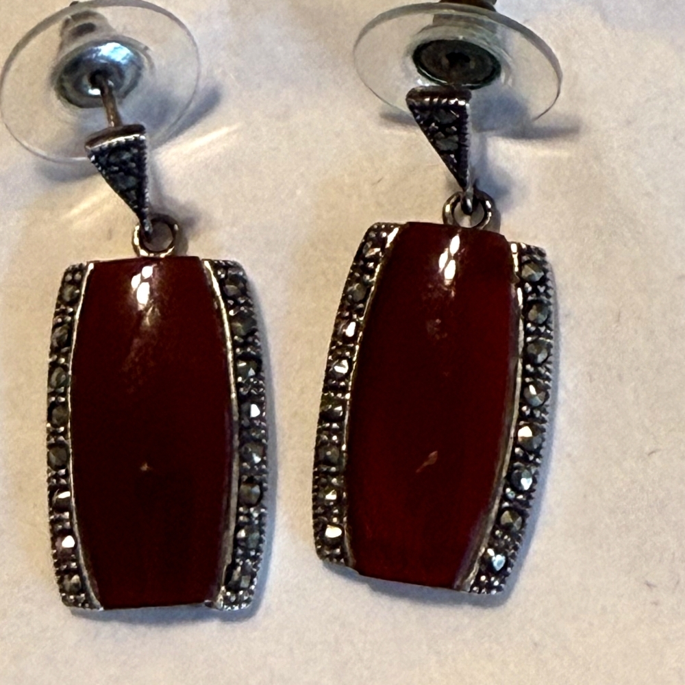 Old Silver 925 Jewelry Set,Carnelian Stone,Marcasite.Ring Size8. - Picture 2 of 10